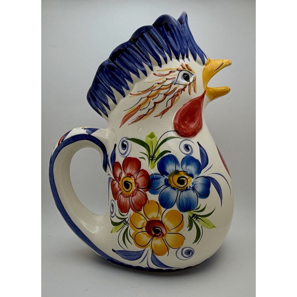 Vintage Portugal Rooster Pitcher Hand Painted Floral Farmhouse Cottagecore 8.5"